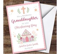 Personalised Christening Day Card For Granddaughter Church Pink | Personalized Custom Unique Greetings Card For Christening Day Any Text Inside & Out