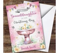 Personalised Christening Day Card For Granddaughter Cross Font Pink | Personalized Custom Unique Greetings Card For Christening Day Any Text Inside & Out