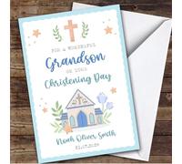 Personalised Christening Day Card For Grandson Church Blue | Personalized Custom Unique Greetings Card For Christening Day Any Text Inside & Out