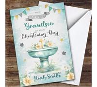 Personalised Christening Day Card For Grandson Cross Font Green | Custom Greetings Card For Christening Day Any Text Inside & Out