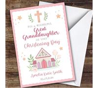 Personalised Christening Day Card For Great Granddaughter Church Pink | Personalized Custom Unique Greetings Card For Christening Day Any Text Inside & Out