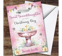 Personalised Christening Day Card For Great Granddaughter Cross Font Pink | Custom Greetings Card For Christening Day Any Text Inside & Out