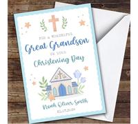 Personalised Christening Day Card For Great Grandson Church Blue | Personalized Custom Unique Greetings Card For Christening Day Any Text Inside & Out