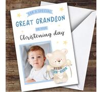Personalised Christening Day Card For Great Grandson Photo Bear Blue | Custom Greetings Card For Christening Day Any Text Inside & Out