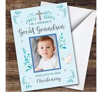 Personalised Christening Day Card For Great Grandson Photo Dove Blue | Personalized Custom Unique Greetings Card For Christening Day Any Text Inside & Out