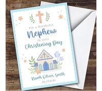 Personalised Christening Day Card For Nephew Church Blue | Personalized Custom Unique Greetings Card For Christening Day Any Text Inside & Out