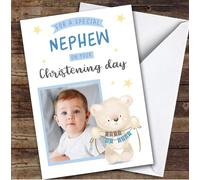 Personalised Christening Day Card For Nephew Photo Bear Blue | Personalized Custom Unique Greetings Card For Christening Day Any Text Inside & Out