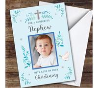 Personalised Christening Day Card For Nephew Photo Dove Blue | Custom Greetings Card For Christening Day Any Text Inside & Out