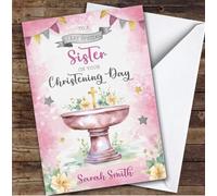 Personalised Christening Day Card For Sister Cross Font Pink | Personalized Custom Unique Greetings Card For Christening Day Any Text Inside & Out