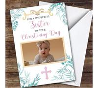Personalised Christening Day Card For Sister Photo Foliage Pink | Personalized Custom Unique Greetings Card For Christening Day Any Text Inside & Out