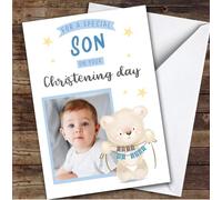 Personalised Christening Day Card For Son Photo Bear Blue | Personalized Custom Unique Greetings Card For Christening Day Any Text Inside & Out