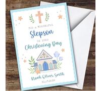 Personalised Christening Day Card For Stepson Church Blue | Personalized Custom Unique Greetings Card For Christening Day Any Text Inside & Out