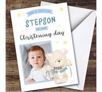 Personalised Christening Day Card For Stepson Photo Bear Blue | Custom Greetings Card For Christening Day Any Text Inside & Out