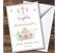 Personalised Christening Day Card For Triplets Church Grey | Personalized Custom Unique Greetings Card For Christening Day Any Text Inside & Out