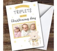 Personalised Christening Day Card For Triplets Photo Bear Yellow | Custom Greetings Card For Christening Day Any Text Inside & Out