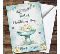 Personalised Christening Day Card For Twins Boys Cross Font Green | Custom Greetings Card For Christening Day Any Text Inside & Out