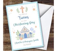 Personalised Christening Day Card For Twins Church Blue | Personalized Custom Unique Greetings Card For Christening Day Any Text Inside & Out