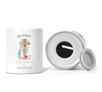 Personalised Christening Money Box Ceramic Coin Name Customised Church Ceremony Piggy Bank Present Baptism Naming Ceremony Custom Savings Jar Boy Girl Childs Babies Nursery Décor - P Rabbit Cross Pink