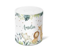 Personalised Christening Money Box - Ceramic Piggy Bank for Newborn, Baby, Toddler or Child - Cute Safari Jungle Animal Theme