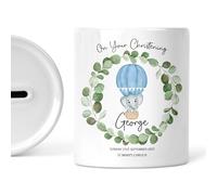 Personalised Christening Money Box - Ceramic Piggy Bank with Name & Date - Baptism Keepsake for Baby Boy