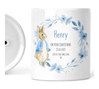 Personalised Christening Money Box for Boy - Blue Rabbit, Ceramic | Name, date and personal message; baptism or custom occasion wording; design printed on both sides