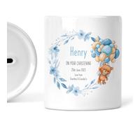 Personalised Christening Money Box for Boy - Blue Teddy - Baptism Keepsake Ceramic Piggy Bank