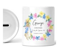Personalised Christening Money Box for Boy with Rabbit - Baptism Ceramic Keepsake