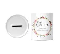 Personalised Christening Money Box - Gold Floral Wreath, Ceramic | Name and date; baptism wording available; design printed on both sides