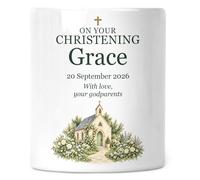Personalised Christening or Baptism Money Box - Floral Chapel | Your wording, name, date and message; printed on both sides; removable stopper
