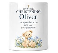 Personalised Christening or Baptism Money Box for Boy - Blue Teddy | Your wording, name, date and message; printed on both sides; removable stopper