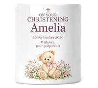 Personalised Christening or Baptism Money Box for Girl - Pink Teddy | Your wording, name, date and message; printed on both sides; removable stopper