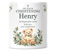 Personalised Christening or Baptism Money Box - Heart Teddy | Your wording, name, date and message; printed on both sides; removable stopper