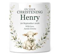 Personalised Christening or Baptism Money Box - Little Lamb | Your wording, name, date and message; printed on both sides; removable stopper