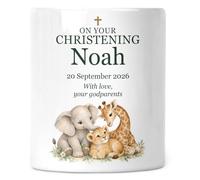 Personalised Christening or Baptism Money Box - Safari Animals | Your wording, name, date and message; printed on both sides; removable stopper