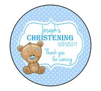 Personalised Christening Stickers For Boys Blue GLOSS Party Sweet Cone Bag Label Teddy Bear Polka Dot (2 Stickers (140mm diameter))