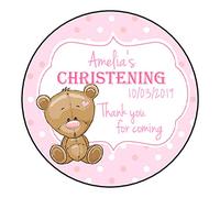Personalised Christening Stickers For Girls Pink GLOSS Party Sweet Cone Bag Teddy Bear Polka Dot Design (2 Stickers (140mm diameter))