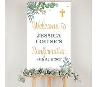 Personalised Christening Welcome Board - Custom MDF Wooden Plaque with Floral Design, Custom Name & Date for Christening, Holy Communion or Confirmation (Eucaliptus, Confirmation Day)