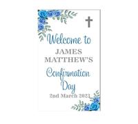 Personalised Christening Welcome Board - Custom MDF Wooden Plaque with Floral Design, Custom Name & Date for Christening, Holy Communion or Confirmation (Blue, Confirmation Day)
