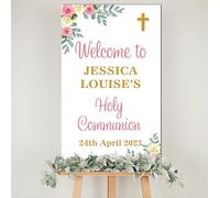 Personalised Christening Welcome Board - Custom MDF Wooden Plaque with Floral Design, Custom Name & Date for Christening, Holy Communion or Confirmation (Pink & Cream, Holy Communion)