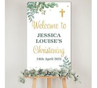 Personalised Christening Welcome Board - Custom MDF Wooden Plaque with Floral Design, Custom Name & Date for Christening, Holy Communion or Confirmation (Eucaliptus, Christening Day)