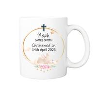 Personalised Christening White Ceramic 11oz Mug, Baby Boy, Baby Girl, Custom Christening Gift, Present,Christening Keepsake,Baptism Present, Rabbit (Pink)