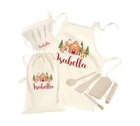 Personalised Christmas Apron Set Kids Xmas Cookie Baking Gift Toddlers Hat Rolling Pin Gingerbread Design Age 2-5 Years