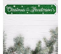 Personalised Christmas At The Family Street Sign - Custom Wooden or Acrylic Holiday Decor - Modern Rustic Wall Art - Available in S/M/L (Green & White) (Large 440mm x 90mm, Mdf Wood Indoor Use Only)