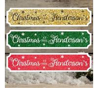 Personalised Christmas At The Family Street Sign - Custom Wooden or Acrylic Holiday Decor - Wall Art - Available in S/M/L (Green & White) (Large 440mm x 90mm, Acrylic Indoor & Outdoor Use)
