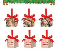 Personalised Christmas Bauble with 4 Photo, Personalised Christmas Decorations, Funny Xmas Tree Decorations, Make Your Own Baubles, Square Wooden Photo Bauble, for Family Friend Couple