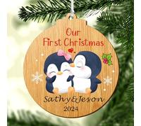 Personalised Christmas Baubles First Christmas as Mr & Mrs Ornaments Custom Wood Xmas Tree Decorations Santa Gift for New Couple 1st Wedding Gifts Keepsake Him Her(Round Design 2)
