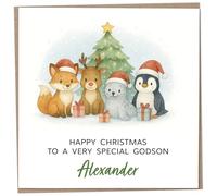 Personalised Christmas Card for 2 to 3 Year Old Godson - Xmas Card for 2 Year Old Godson with Custom Name, Cute Toddler Boy Gift Idea, Xmas Present from Family, Christmas Cards 2025, 148mm