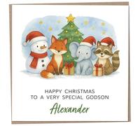 Personalised Christmas Card for 4 to 6 Year Old Godson - Xmas Card for 5 Year Old Godson with Custom Name, Cute Child Boy Gift Idea, Xmas Present from Family, Christmas Cards 2025, 148mm