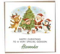 Personalised Christmas Card for 7 to 8 Year Old Godson - Xmas Card for 7 Year Old Godson with Custom Name, Funny Children's Boy Gift Idea, Xmas Present from Family, Christmas Cards 2025, 148mm