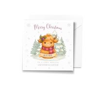 Personalised Christmas Card - Highland Cow Girl character - Customisable Xmas Greeting for Daughter, Granddaughter, Sister, Niece, Special Child - Change Wording